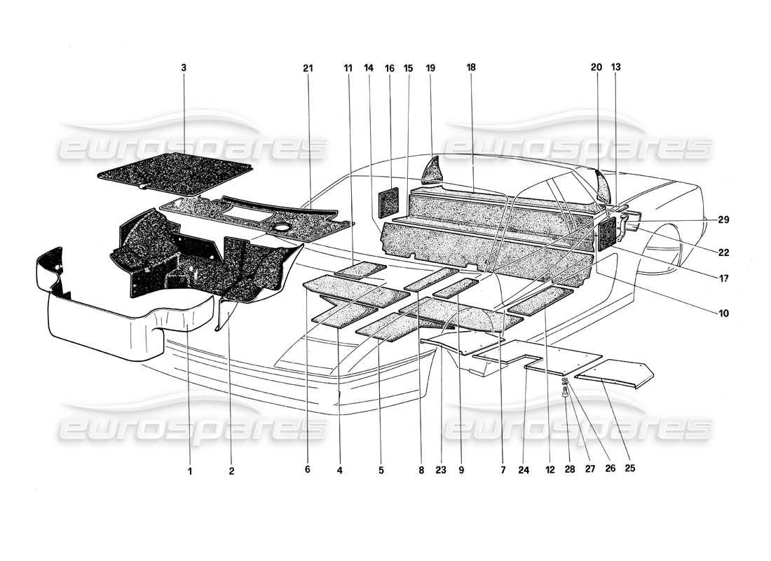 Ferrari Testarossa (1990) Teppich- und Dämmplatten Teildiagramm