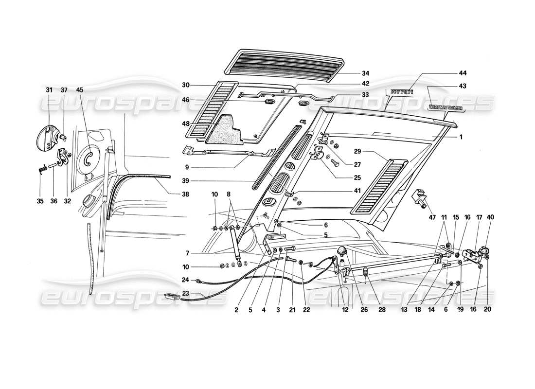 Ferrari Testarossa (1990) Heckhaube Teilediagramm
