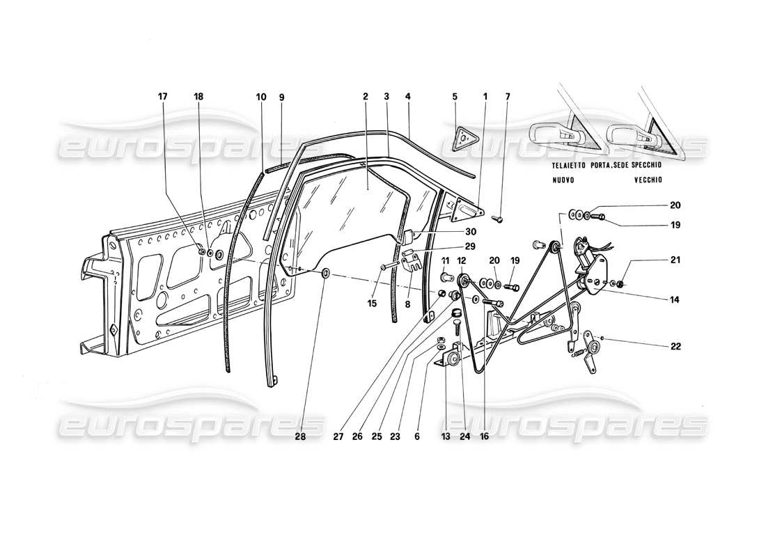 Ferrari Testarossa (1990) Tür – elektrisches Fenster Teilediagramm
