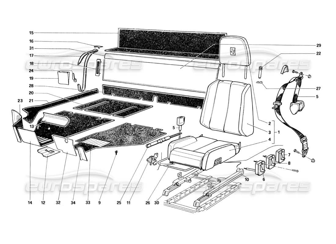 Ferrari Testarossa (1990) Sitze und Teppiche Teilediagramm