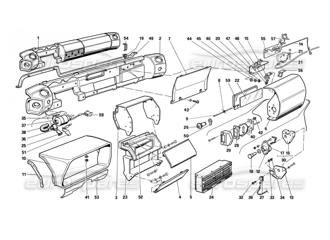 Ferrari Testarossa (1990) Dashboard (nicht für US-Version), Teildiagramm