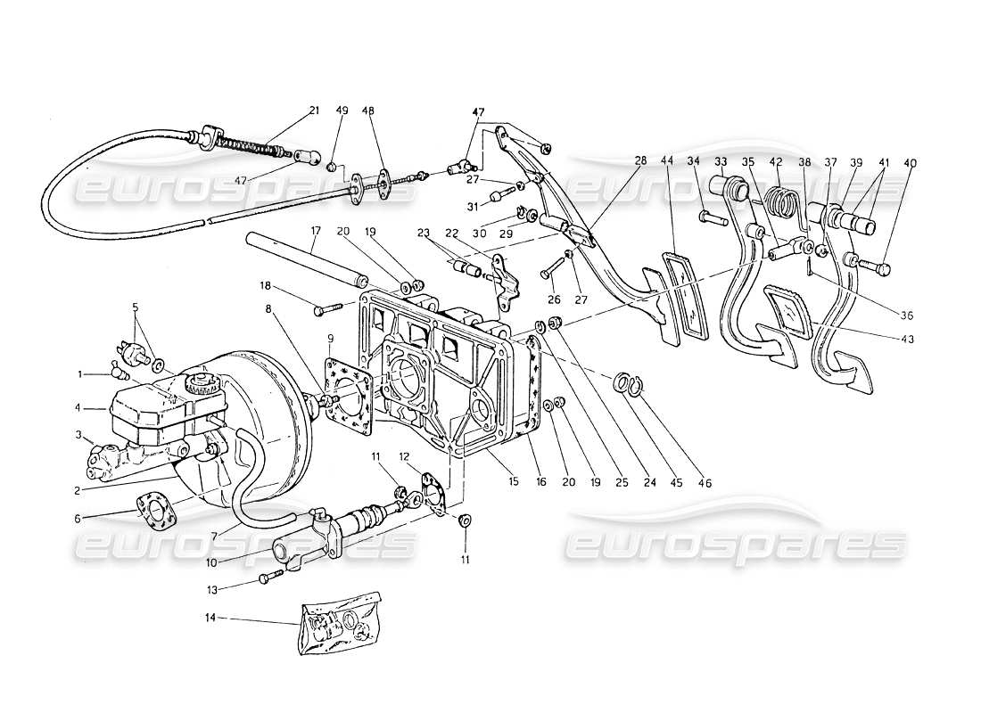 Maserati Biturbo 2.5 (1984) Pedalbaugruppe – Bremskraftverstärker – Kupplungspumpe Teilediagramm