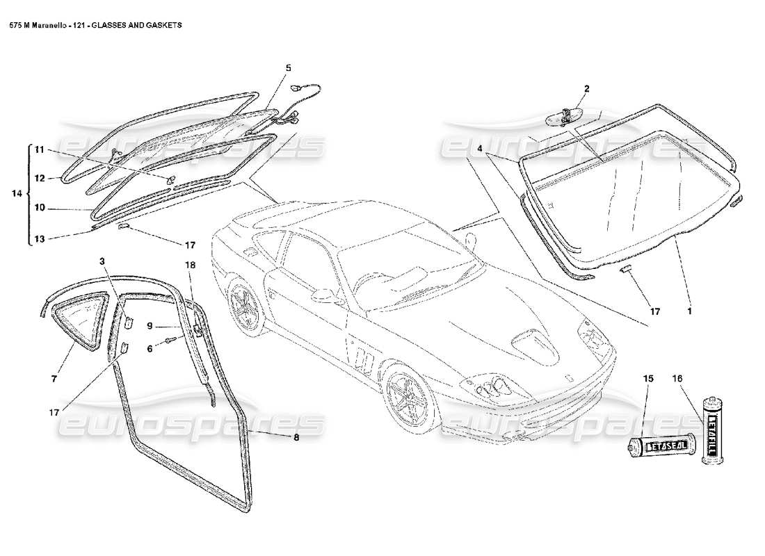 Ferrari 575M Maranello Gläser und Dichtungen Teilediagramm