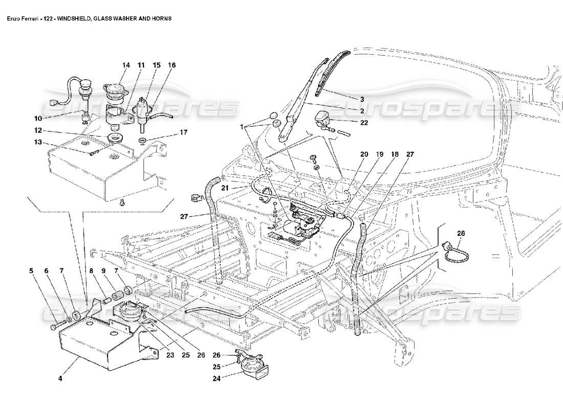 Ferrari Enzo Windschutzscheibe, Scheibe und Hupen Teilediagramm