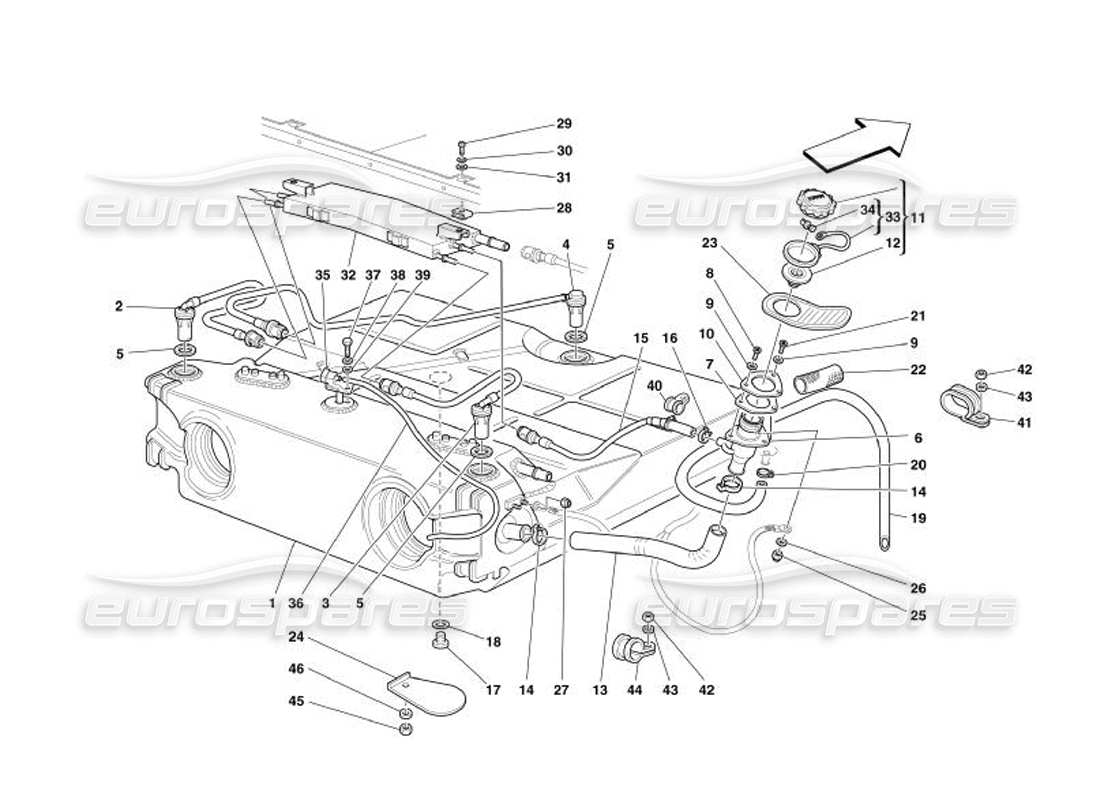 Ferrari 575 Superamerica Kraftstofftank – Anschluss und Rohrleitungen – gültig für USA und CDN – Teilediagramm