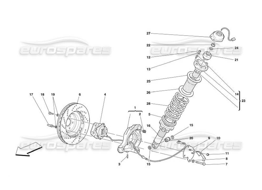 Ferrari 575 Superamerica Vorderradaufhängung – Stoßdämpfer und Bremsscheibe Teildiagramm