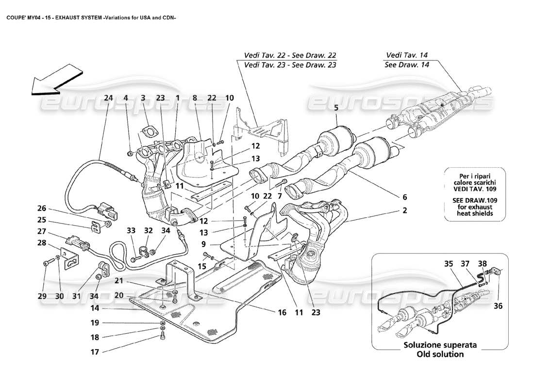 Maserati 4200 Coupé (2004) Variationen der Abgasanlage für USA und CDN Teildiagramm