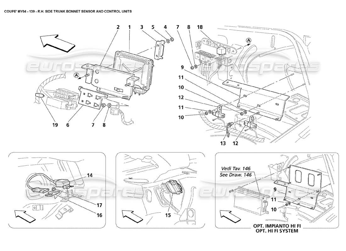 Maserati 4200 Coupé (2004) Teildiagramm der Sensoren und Steuergeräte der rechten Seite des Kofferraums, der Motorhaube