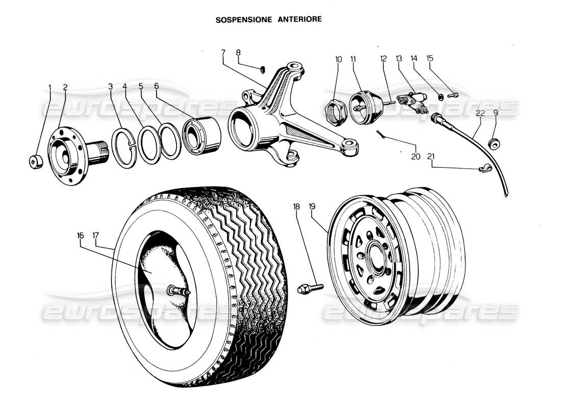 Lamborghini Espada Teilediagramm der Vorderradnabe Serie III (576 bis 1000).
