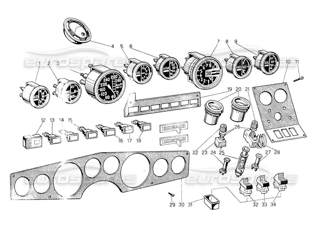 Lamborghini Countach LP400 Instrumente Teilediagramm
