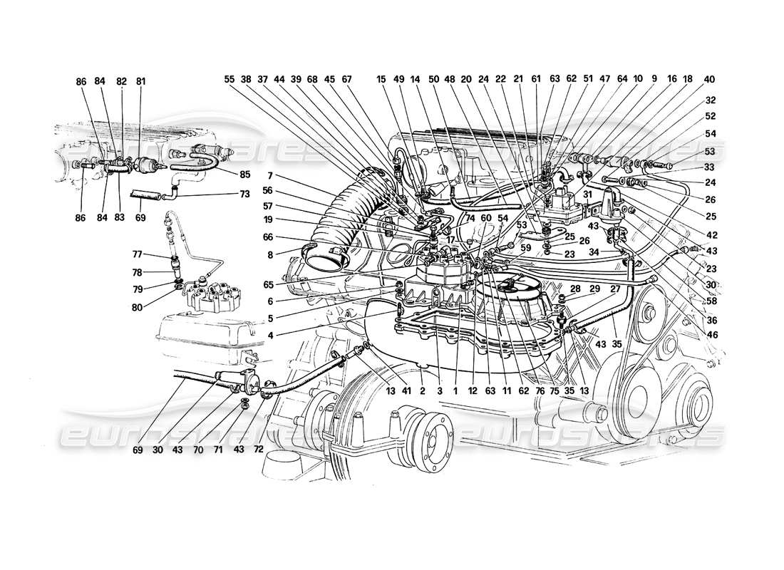 Ferrari 308 Quattrovalvole (1985) Kraftstoffeinspritzsystem – Kraftstoffverteiler, Leitungen Teilediagramm