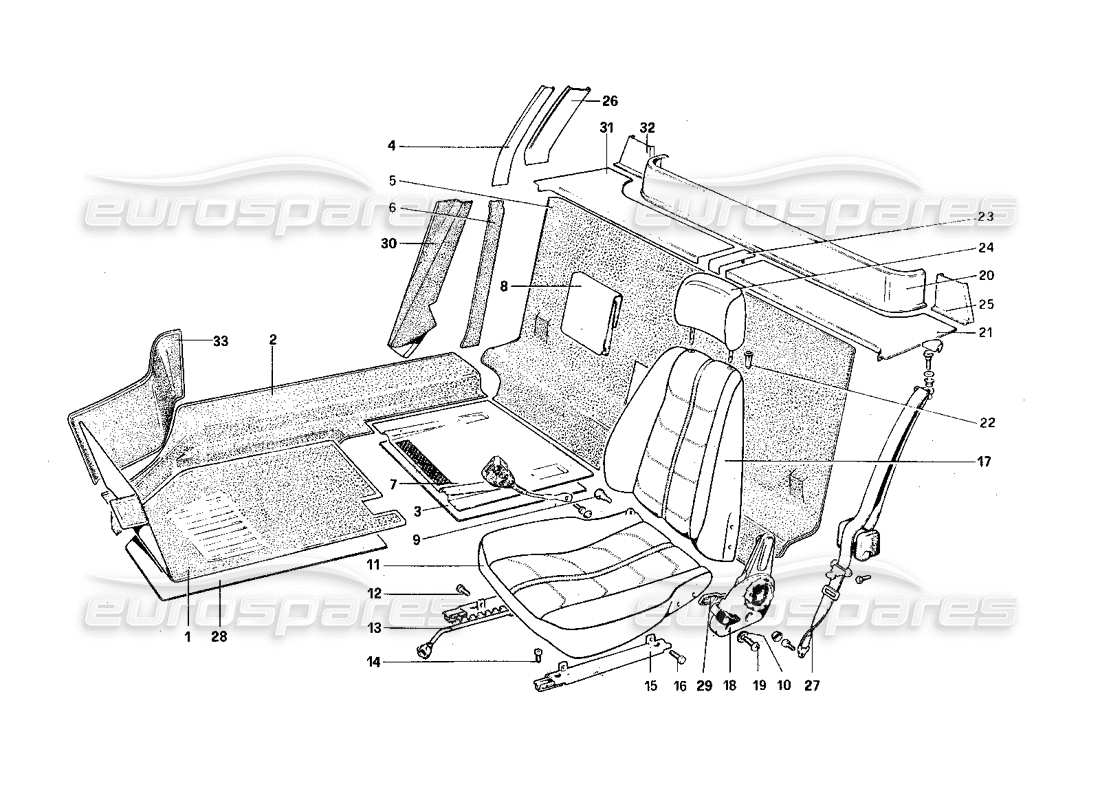 Ferrari 308 Quattrovalvole (1985) Innenausstattung, Zubehör und Sitze Teilediagramm