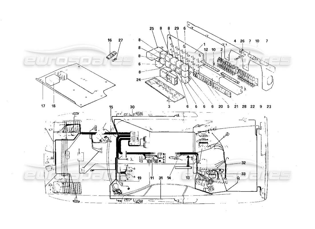 Ferrari 308 Quattrovalvole (1985) Elektrisches System – Kabel, Sicherungen und Relais Teilediagramm