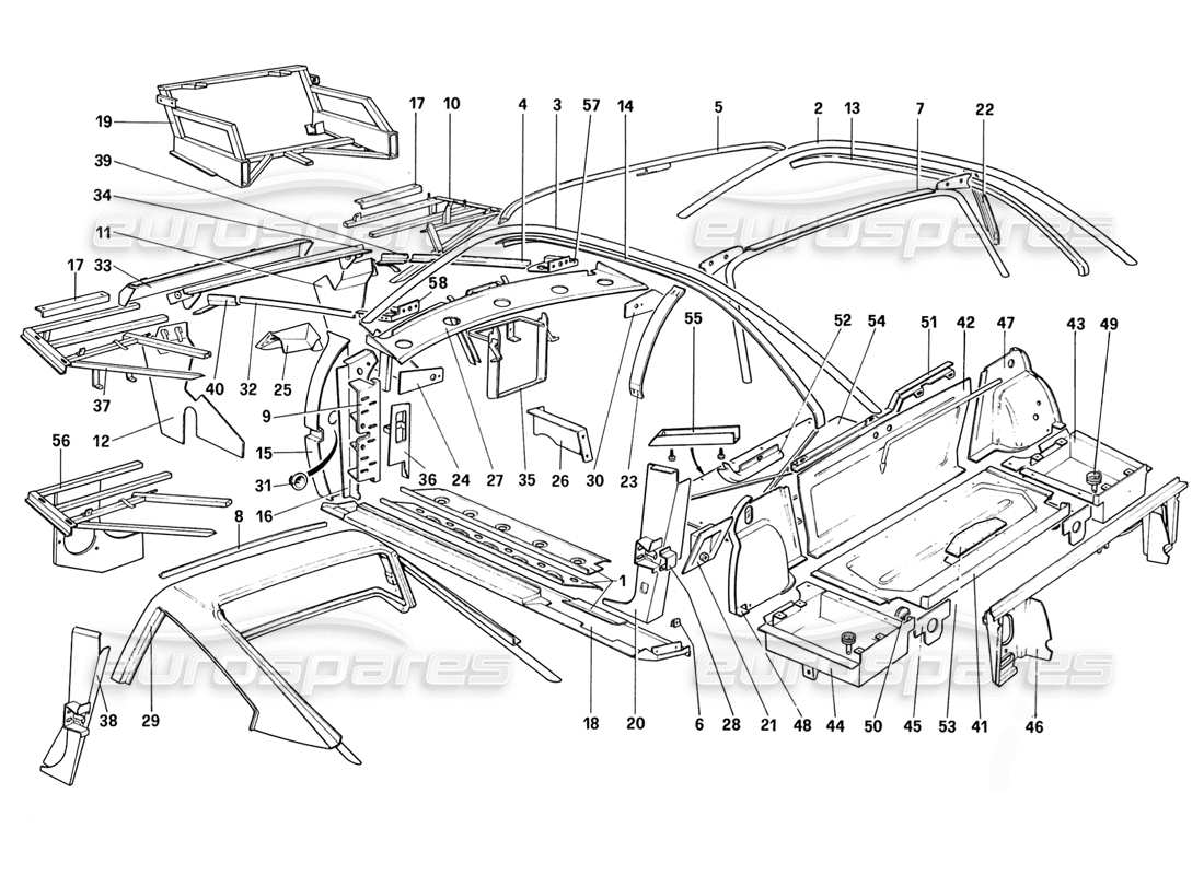 Ferrari 328 (1988) Körperschale – innere Elemente (für AUS und CH87 und CH88) Teilediagramm
