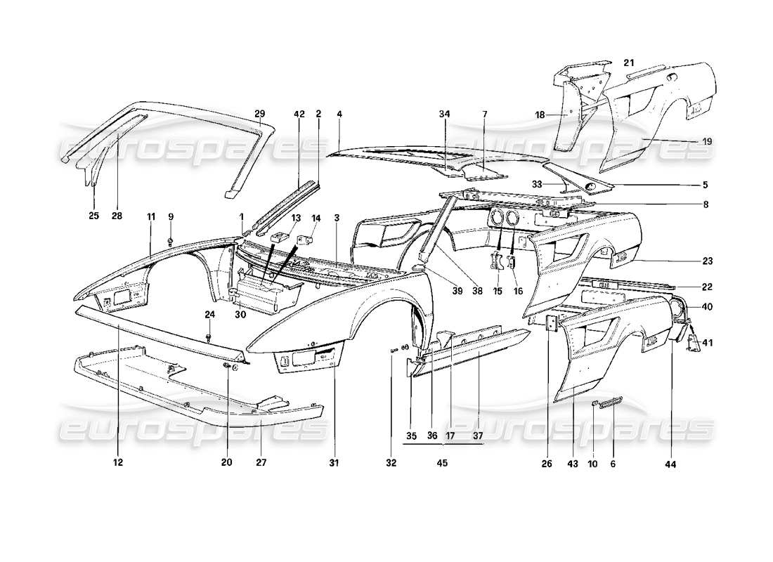 Ferrari Mondial 3.2 QV (1987) Karosserie – äußere Elemente Teilediagramm