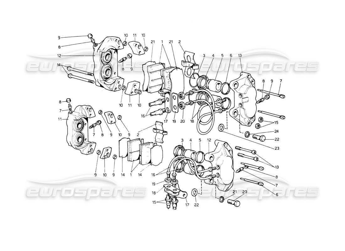 Ferrari 512 BB Bremssättel für Vorder- und Hinterradbremsen Teilediagramm