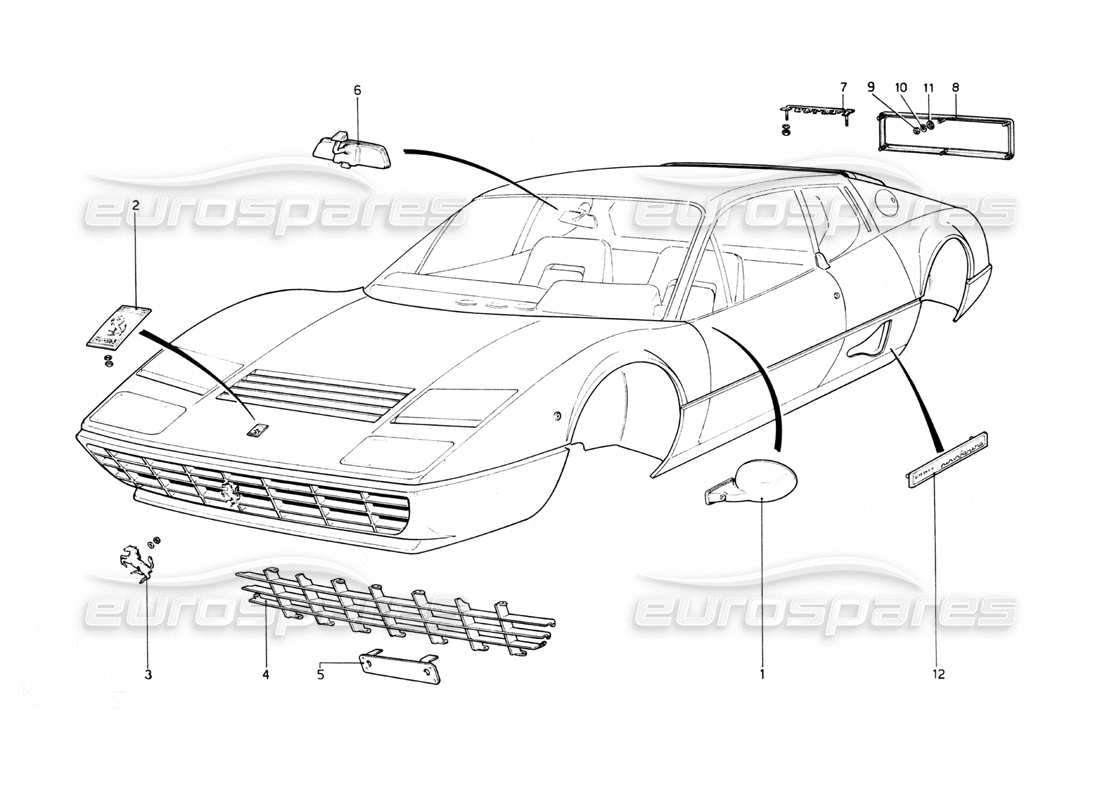Ferrari 512 BB Körperformteile Teilediagramm