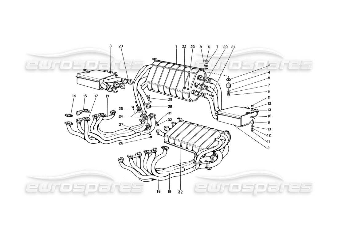 Ferrari 365 GT4 Berlinetta Boxer Abgassystem Teilediagramm