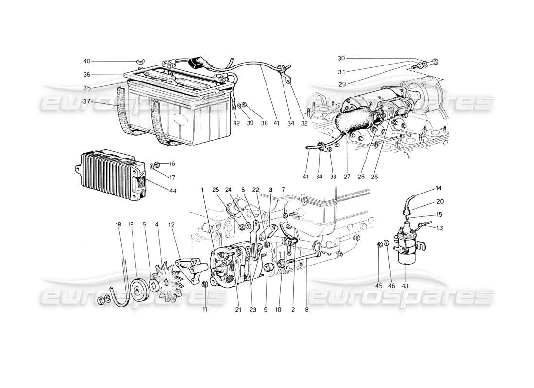 Ferrari 365 GT4 Berlinetta Boxer Teilediagramm der aktuellen Generation (ab Wagen Nr. 18265).