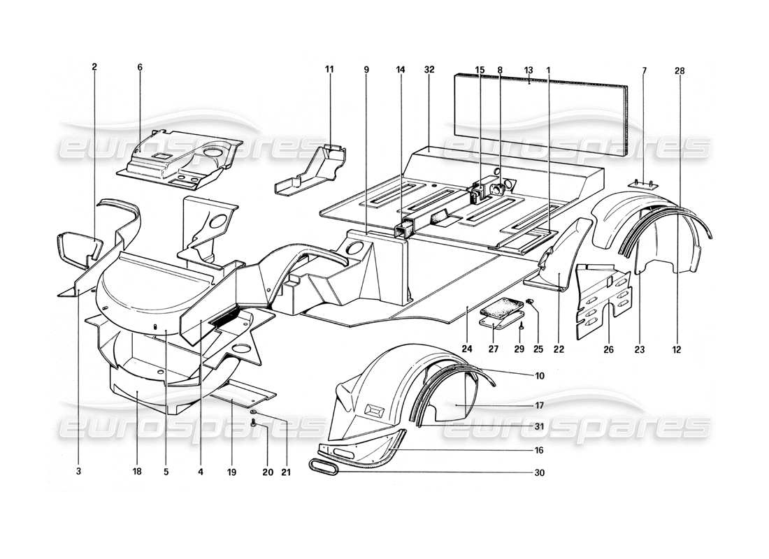 Ferrari 512 BBi Körperschale – innere Elemente Teilediagramm