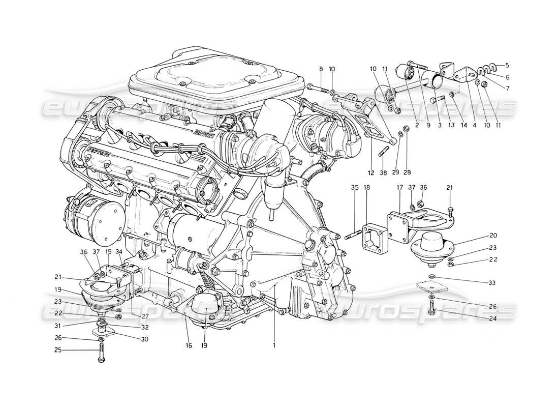 Ferrari 208 GT4 Dino (1975) Motor – Getriebe und Stützen Teilediagramm