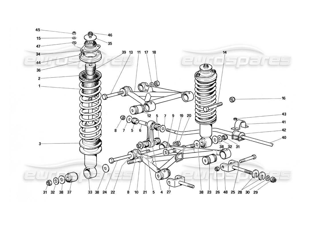 ferrari testarossa (1987) hinterradaufhängung – querlenker und stoßdämpfer teilediagramm