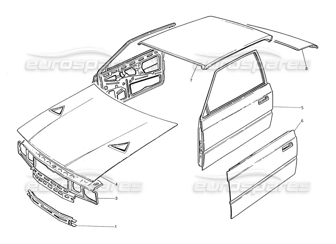 maserati 222 / 222e biturbo karosserie: frontblech, dachblech, türen, motorhaube, kofferraumdeckel, teilediagramm