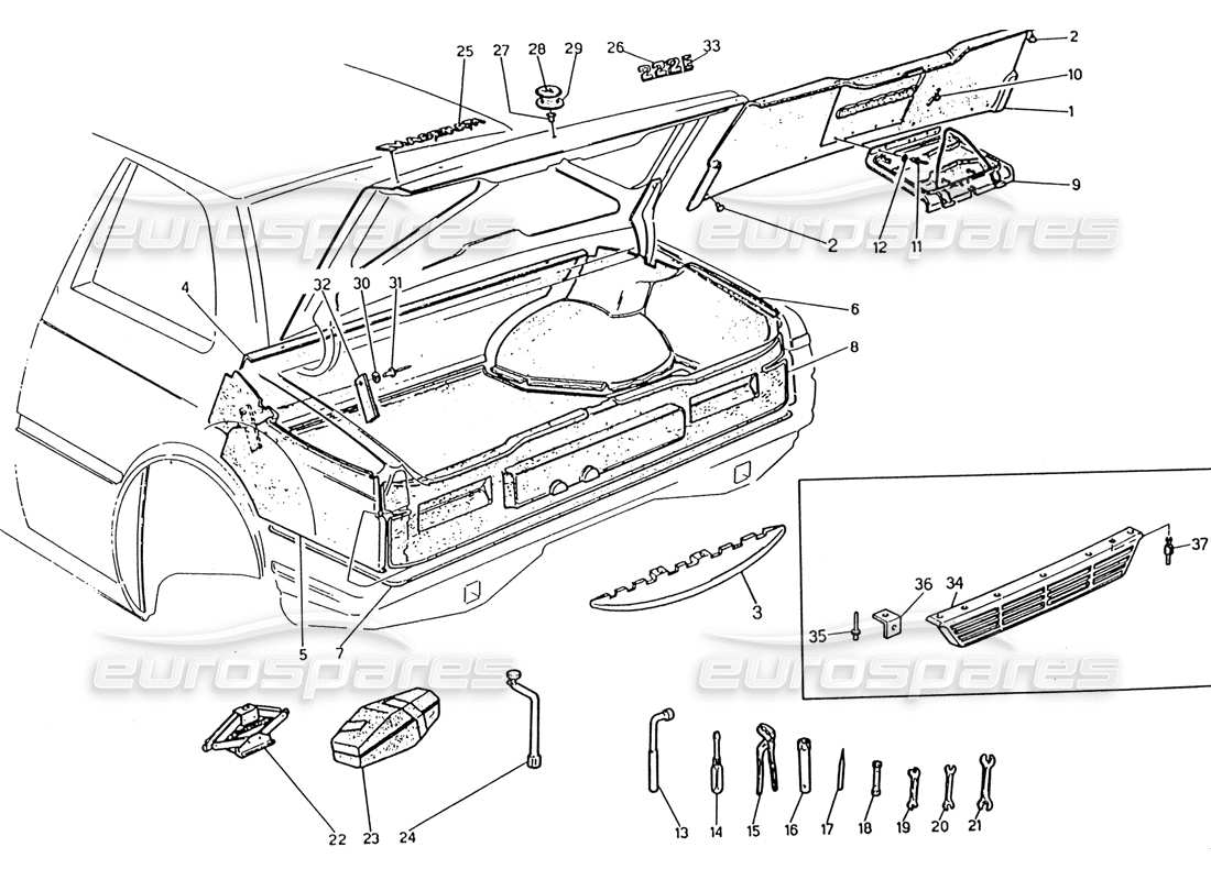 maserati 222 / 222e biturbo kofferraum: teilediagramm für abzeichen, teppiche und werkzeuge