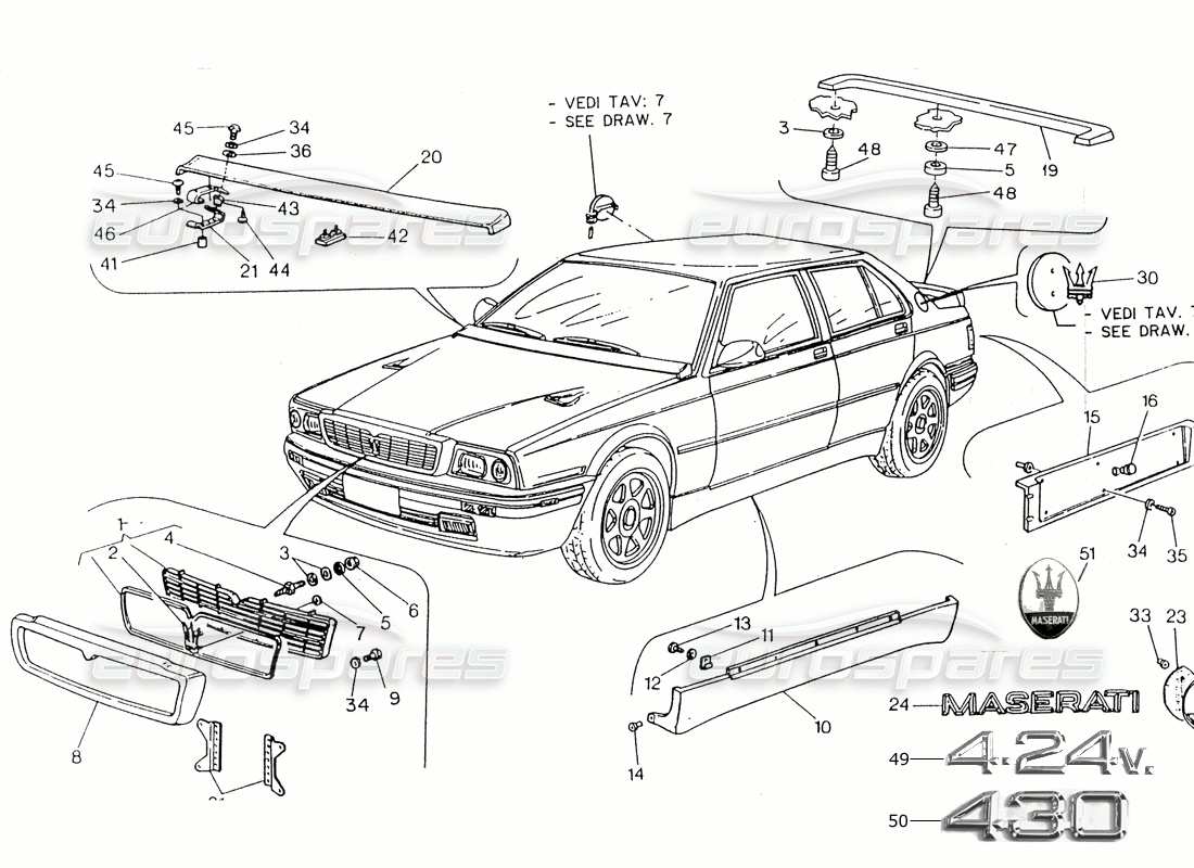 maserati 418 / 4.24v / 430 teilediagramm für die externe endbearbeitung