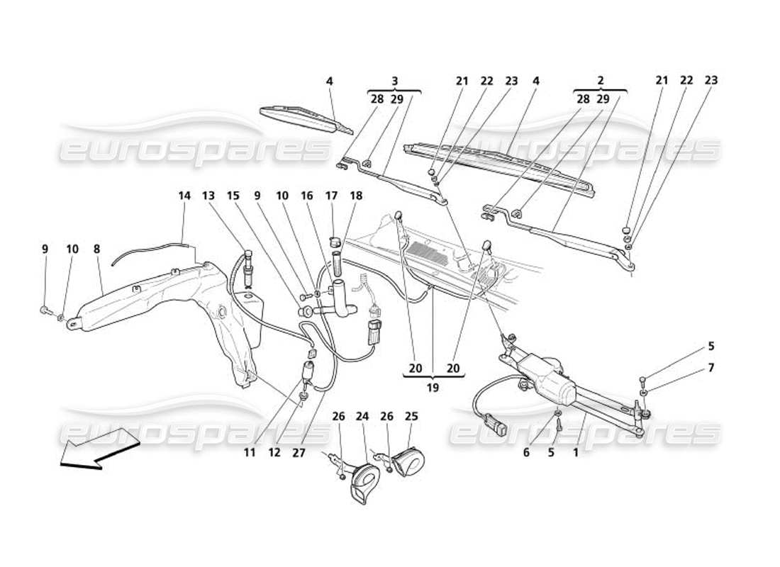 maserati 4200 spyder (2005) windschutzscheibe - scheibe und hupen - teilediagramm