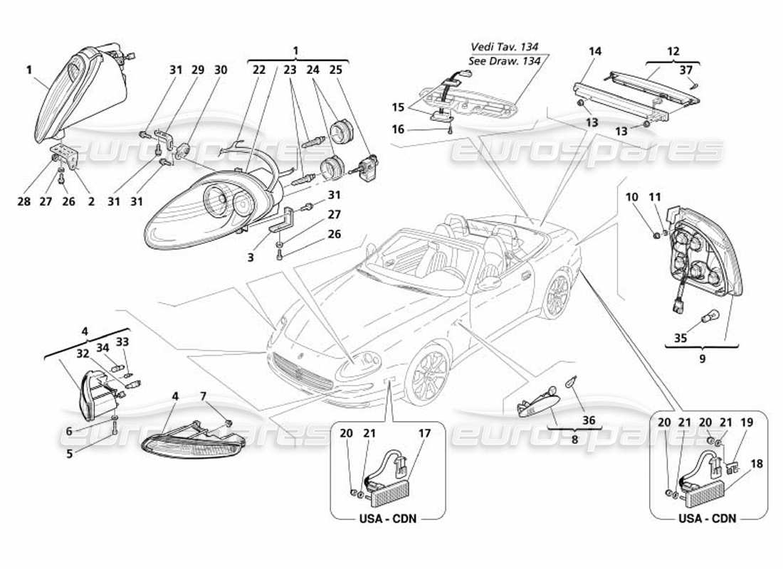 maserati 4200 spyder (2005) teilediagramm für vorder- und rücklichter