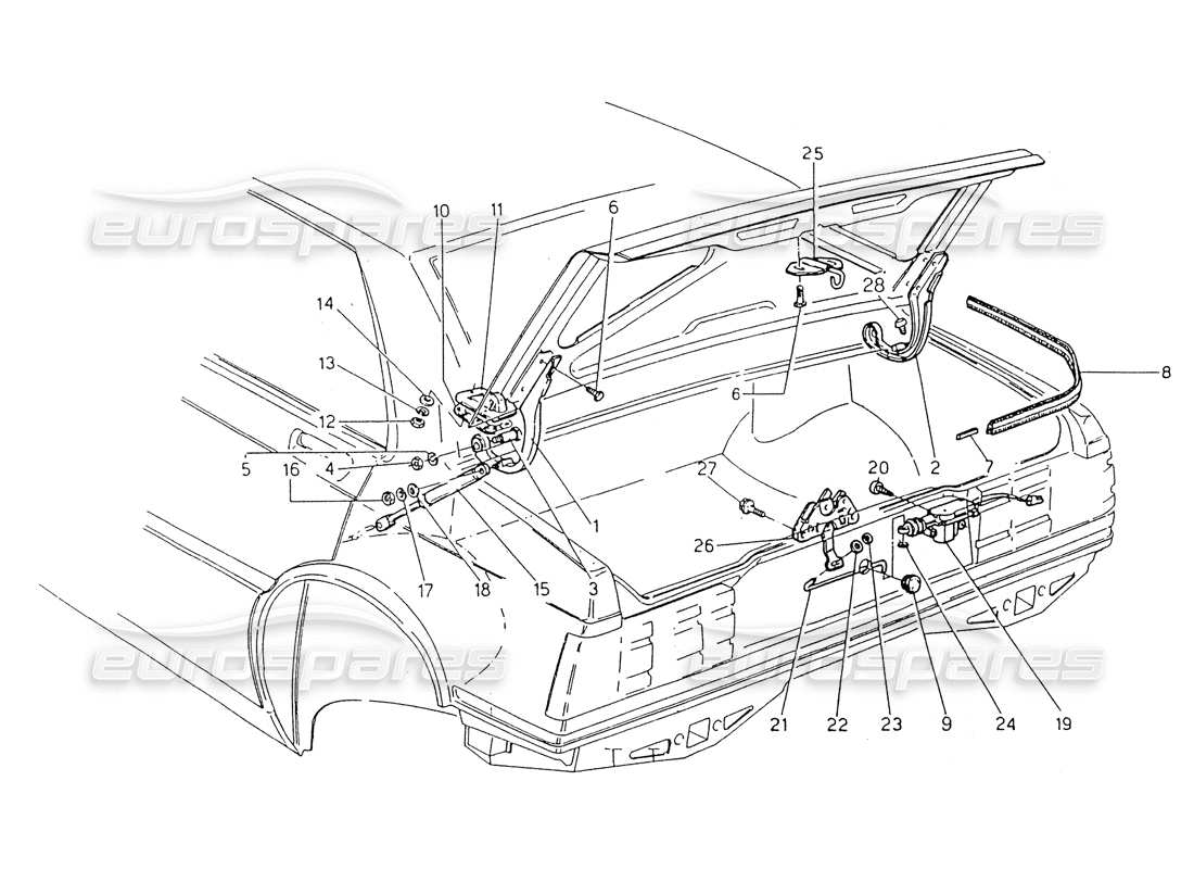 maserati 418 / 4.24v / 430 teilediagramm für kofferraumdeckel, scharniere und öffnungssteuerungen