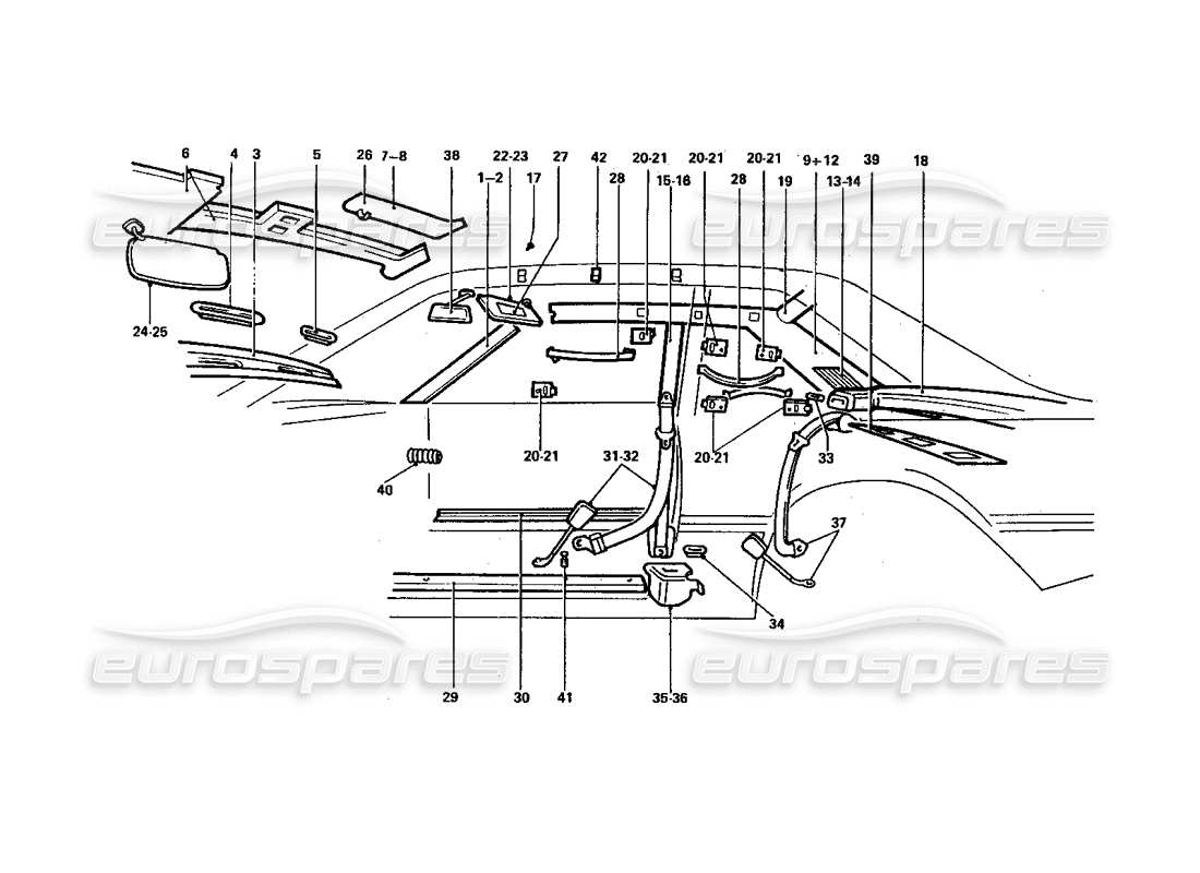 ferrari 412 (coachwork) teilediagramm für sicherheitsgurte und sonnenblenden