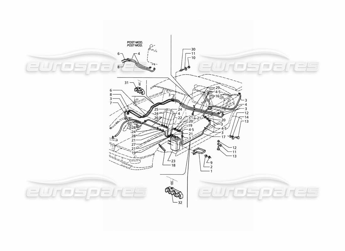 maserati qtp. 3.2 v8 (1999) teilediagramm für das verdunstungsdampf-rückgewinnungssystem und die kraftstoffleitungen