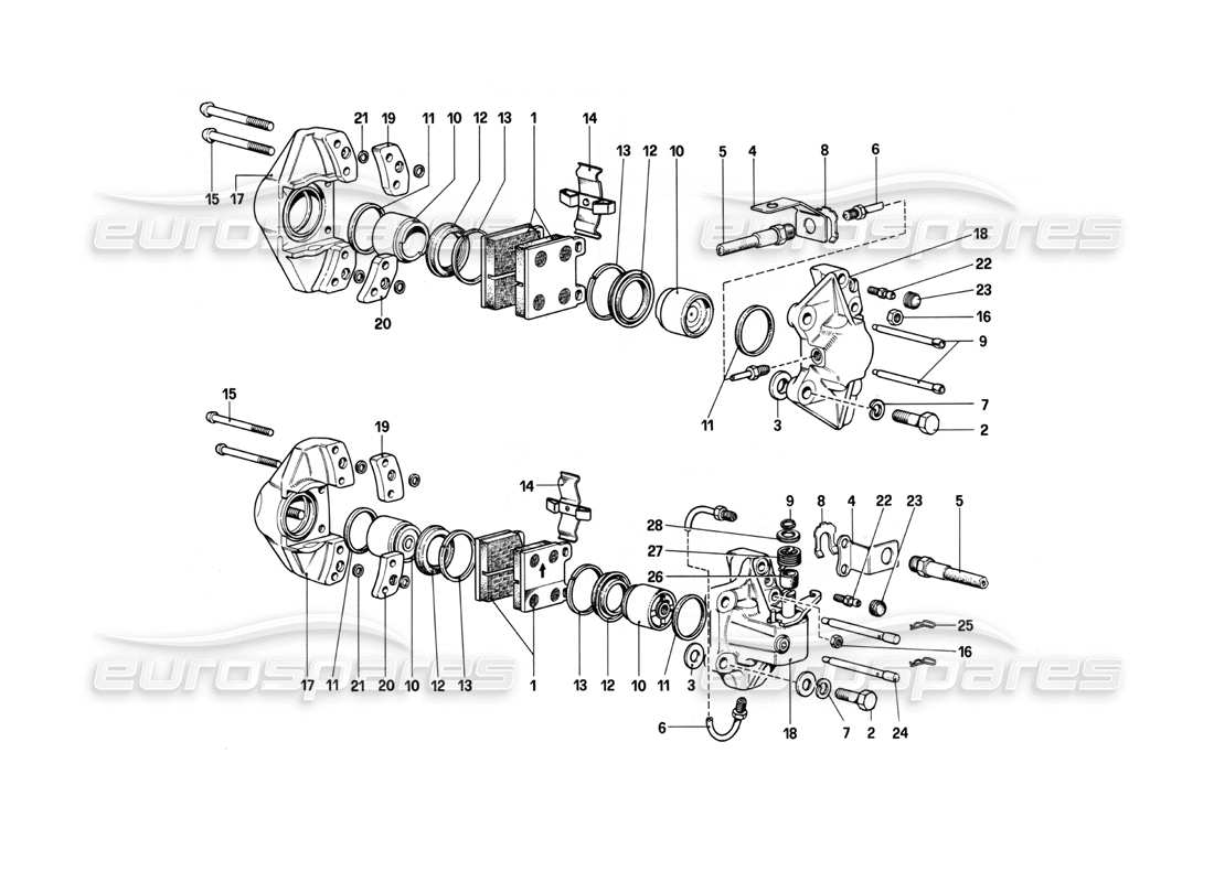 ferrari 208 turbo (1982) bremssättel für vorder- und hinterradbremsen - teilediagramm