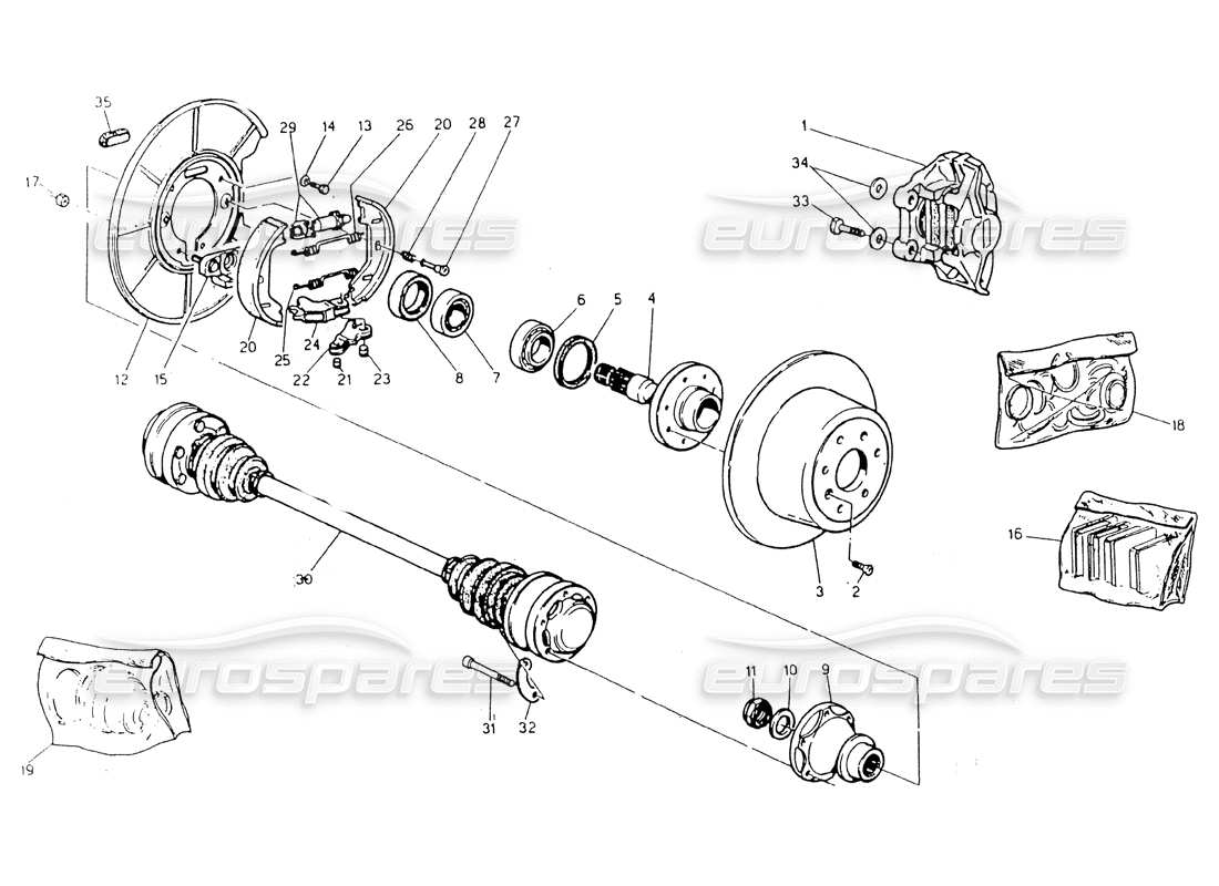maserati 418 / 4.24v / 430 teilediagramm für naben, hinterradbremsen und achswellen