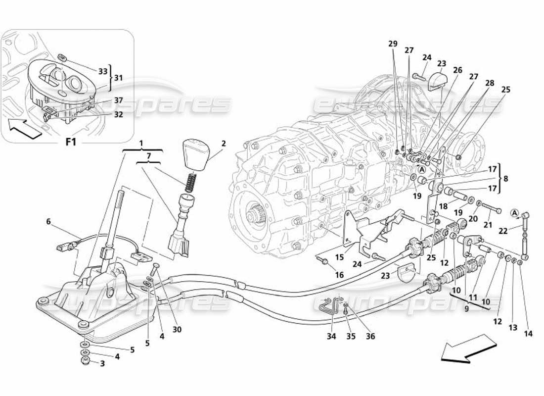 maserati 4200 coupe (2005) teilediagramm für äußere getriebesteuerung
