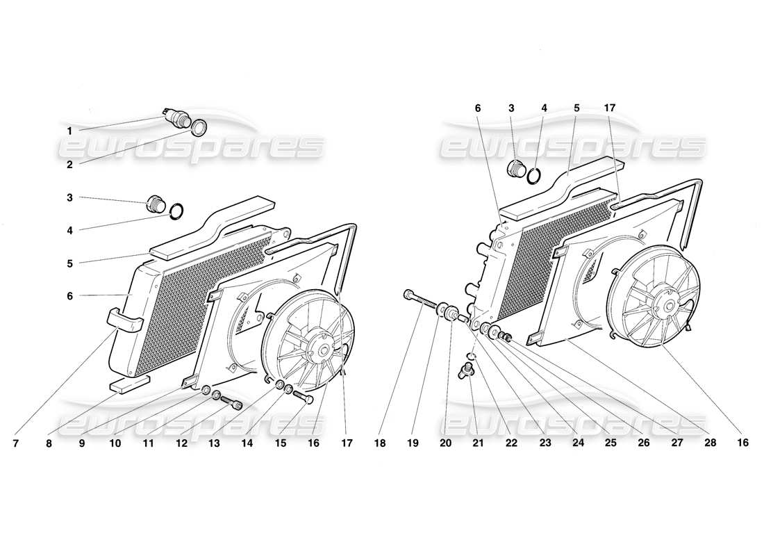 lamborghini diablo vt (1994) heizkörper und elektroventilatoren teilediagramm
