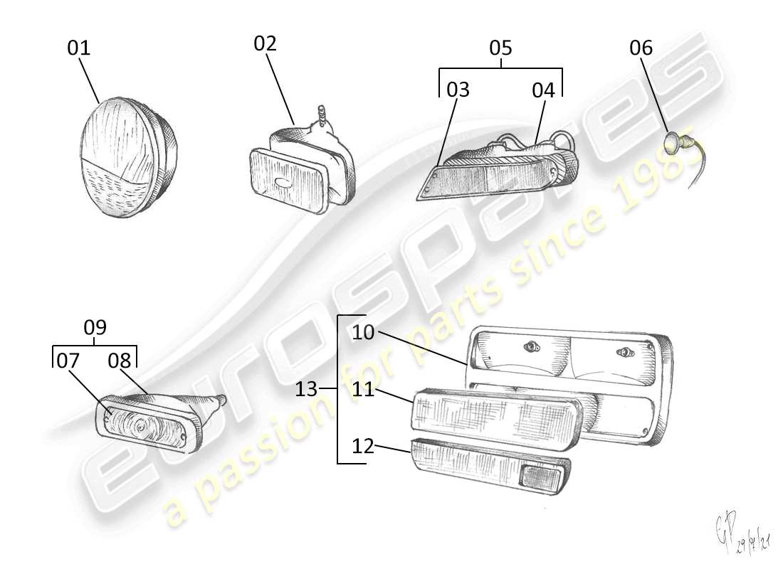 lamborghini urraco p300 vorder- und rücklichter teilediagramm