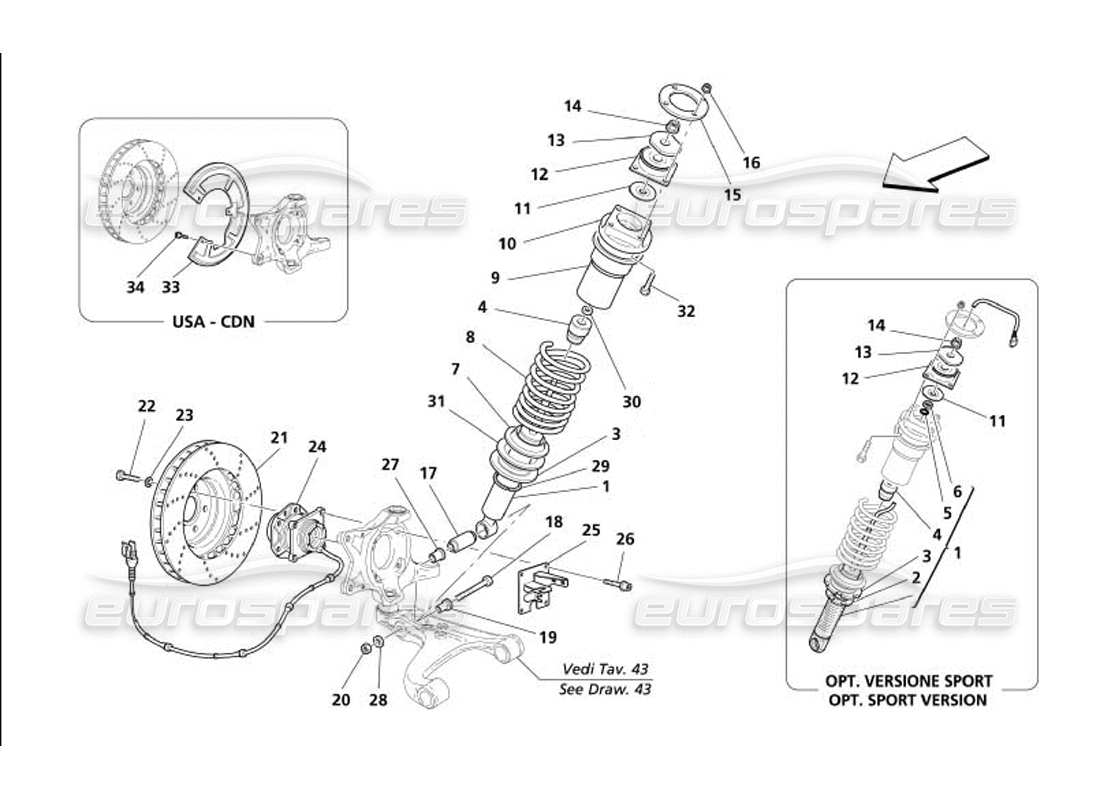 maserati 4200 gransport (2005) vorderradaufhängung - teilediagramm stoßdämpfer und bremsscheibe