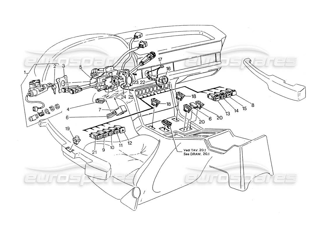 maserati 418 / 4.24v / 430 teilediagramm für schalter und lenkradschloss