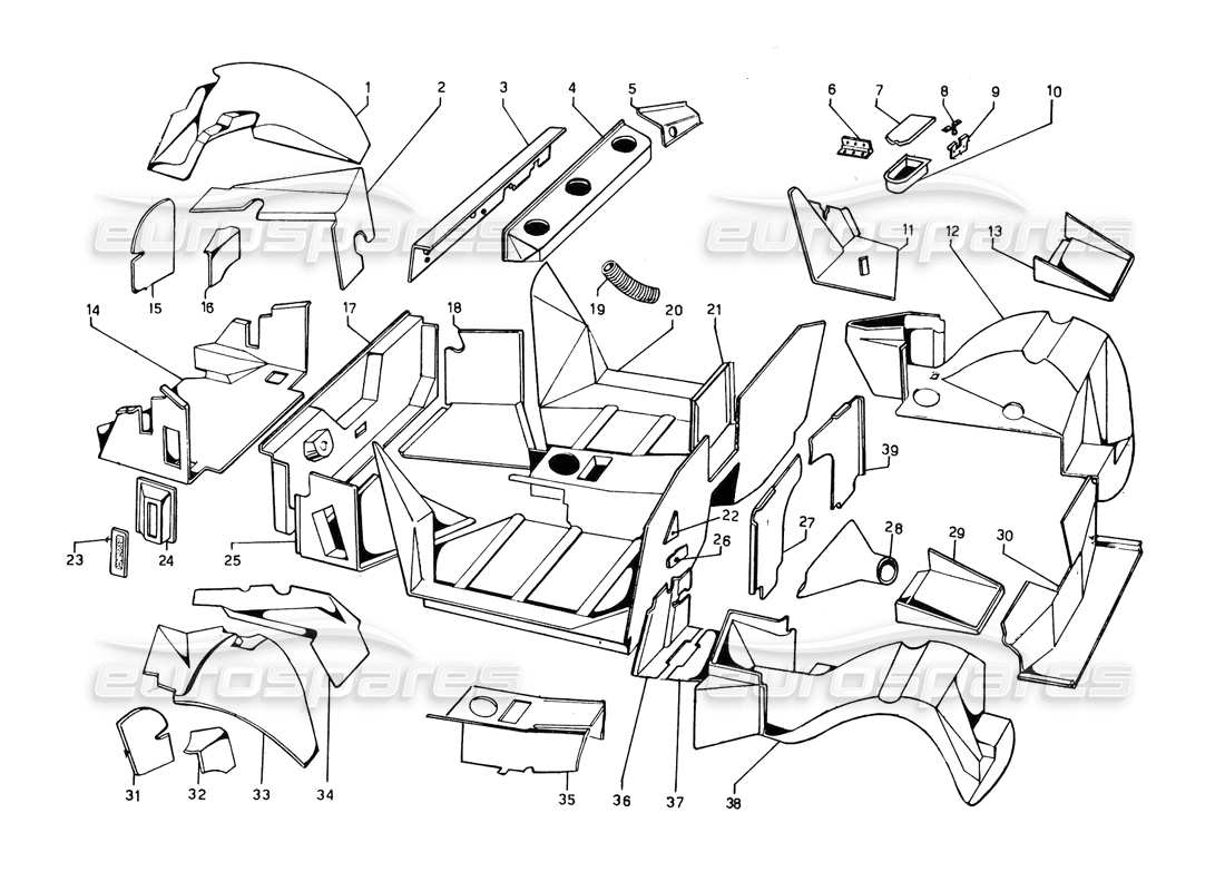 lamborghini countach 5000 qvi (1989) teilediagramm für glasfaser-innenverkleidungen