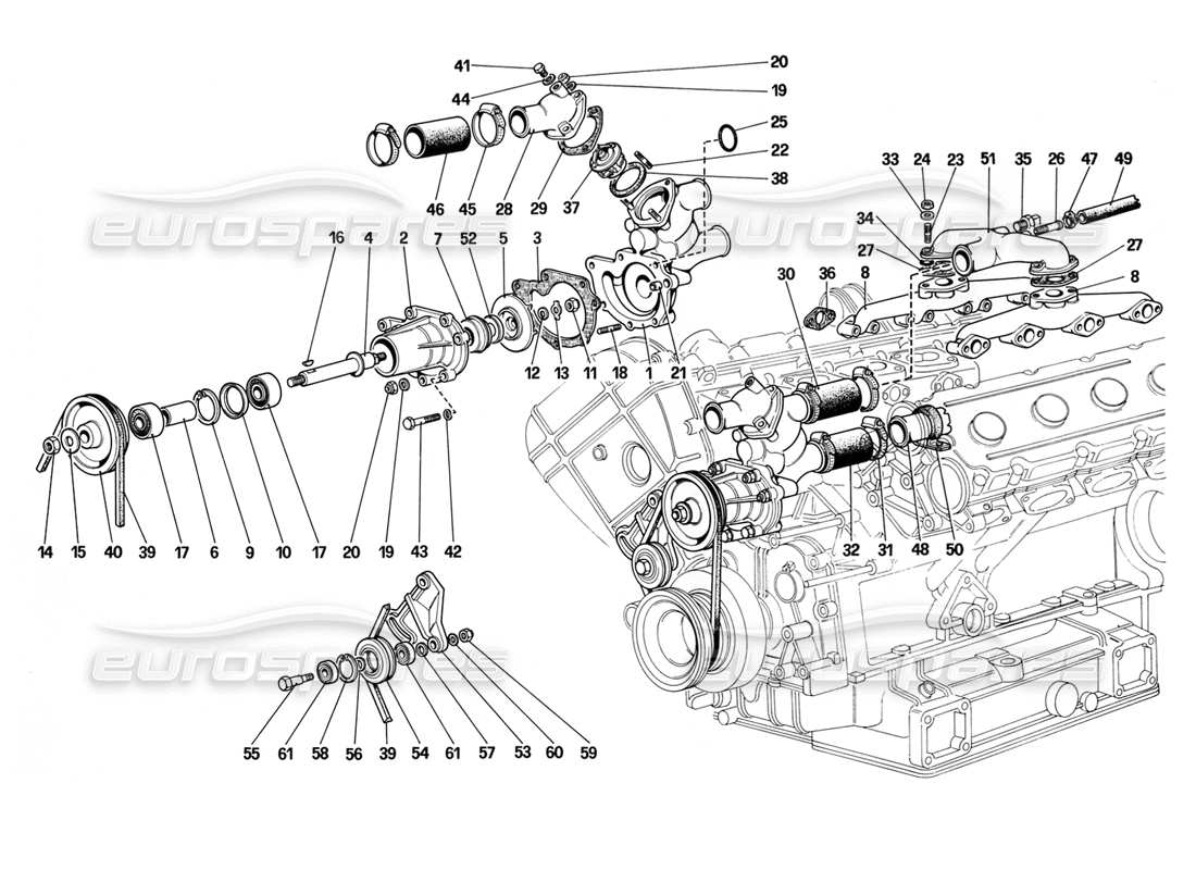 ferrari mondial 3.2 qv (1987) teilediagramm für wasserpumpe und rohrleitungen