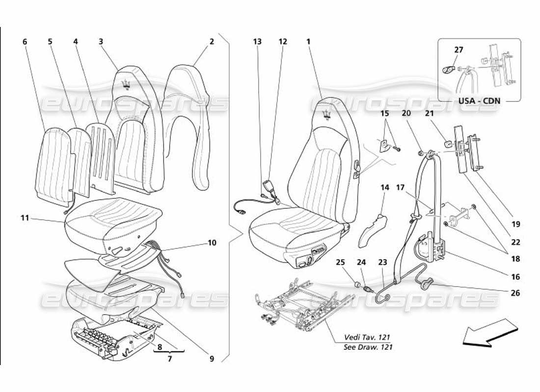 maserati 4200 coupe (2005) teilediagramm für vordersitze und sicherheitsgurte