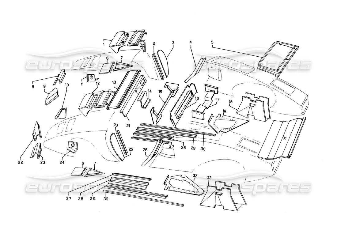 lamborghini countach 5000 qvi (1989) teilediagramm für innen- und außenverkleidung