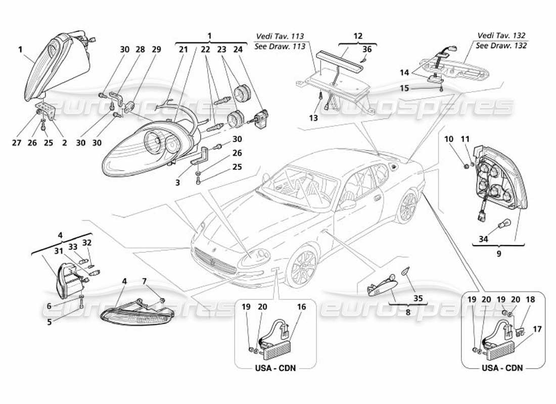 maserati 4200 coupe (2005) teilediagramm für vorder- und rücklichter