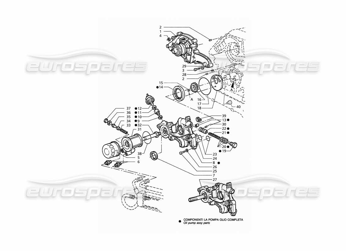 maserati qtp. 3.2 v8 (1999) oil pump and water pump (pre modification) part diagram