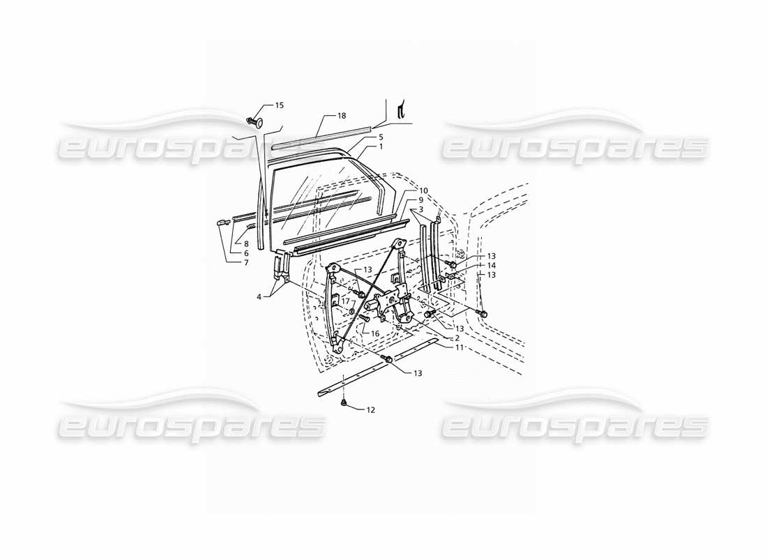 maserati qtp. 3.2 v8 (1999) vordertüren: teilediagramm für fenster und fensterheber