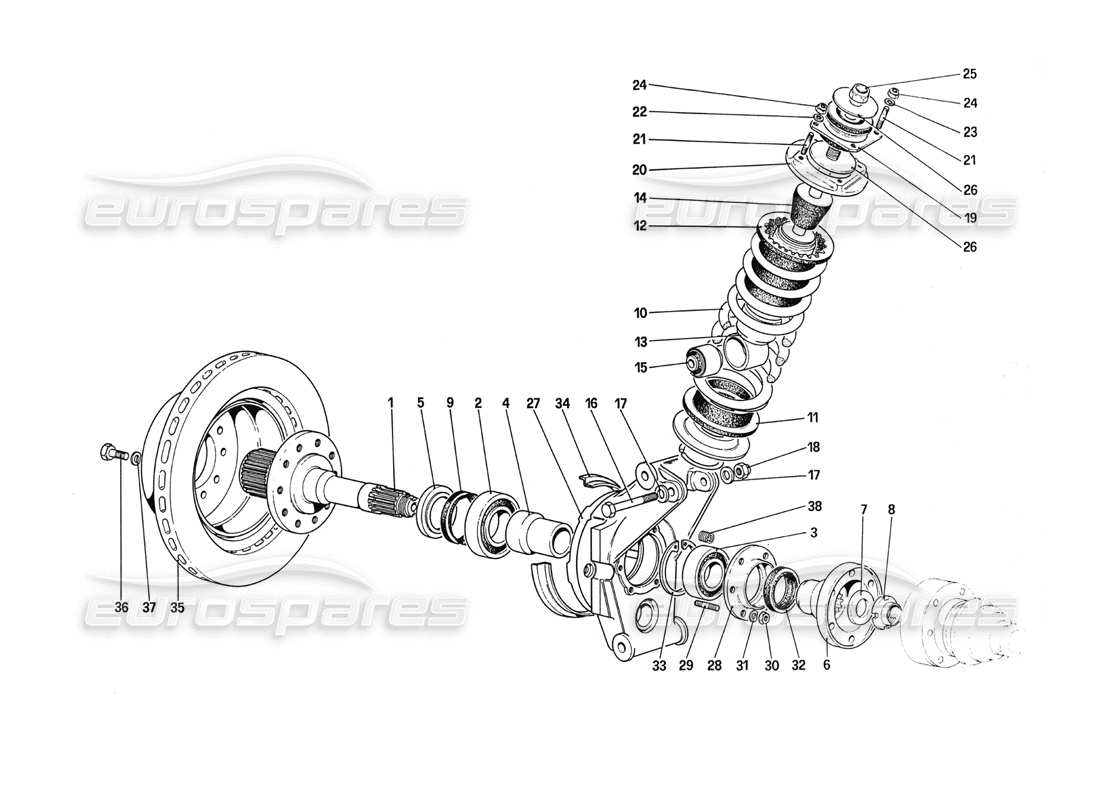 ferrari 288 gto hinterradaufhängung – stoßdämpfer und bremsscheibe teilediagramm