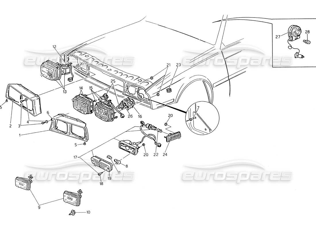 maserati 222 / 222e biturbo teilediagramm für frontlichter